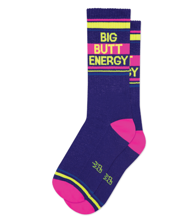 Violet purple socks with neon yellow accents; text reads "BIG BUTT ENERGY" in neon yellow and pink.