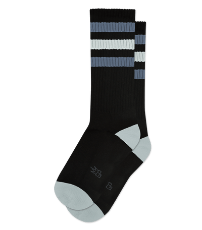 Black socks with light gray accents and stripes at the top. Embroidered text reads "BB" on the sole.