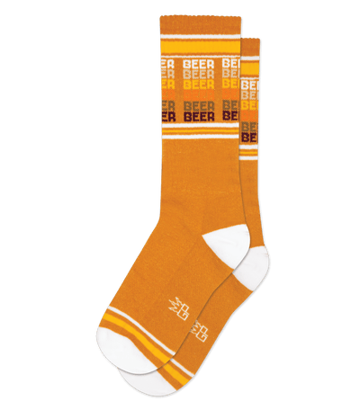 Butterscotch yellow sock with 'BEER' text and white accents, no background.