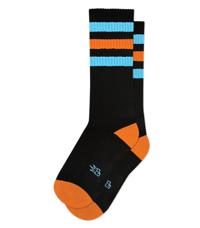 Black socks with horizontal light blue and orange stripes. Orange toe and heel accents.