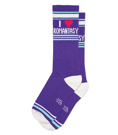 Purple socks with light teal accents, displaying the text "I ♥ ROMANTASY" across the top in white.