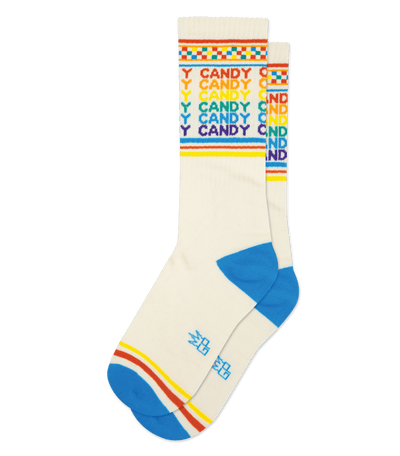 Natural cotton sock with rust red accents featuring "CANDY" in rainbow colors and blue heel and toe.