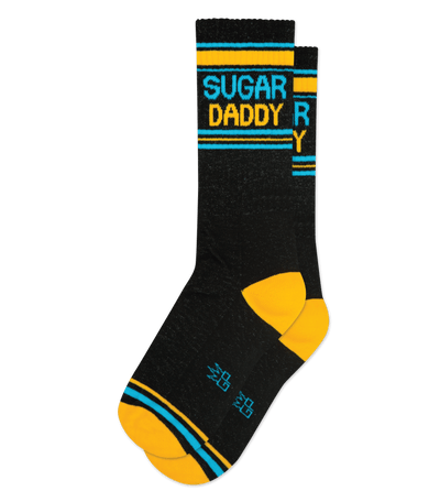 Black socks with neon blue accents and "Sugar Daddy" text. Neon blue stripes at top and toe areas.