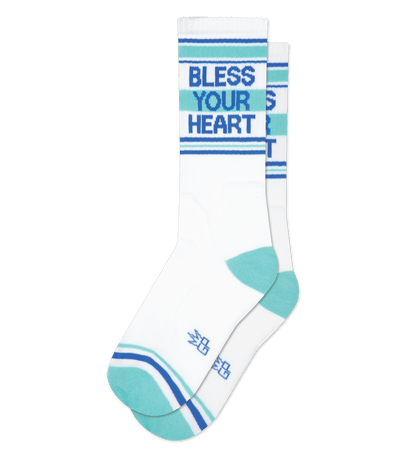 White sock with "BLESS YOUR HEART" text in ocean blue, blue accents, no background.