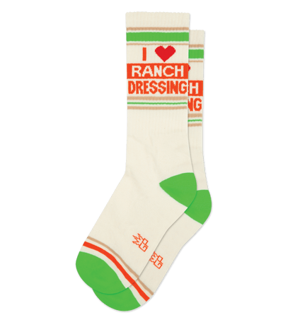 Socks with "I ❤️ Ranch Dressing" text, natural cotton with green and light brown accents.