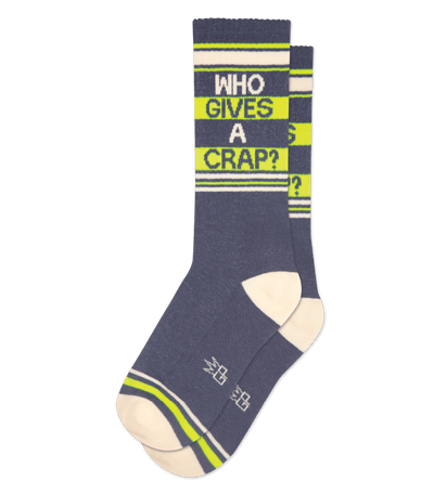 Charcoal gray sock with neon yellow accents and text "WHO GIVES A CRAP?" written on the cuff.