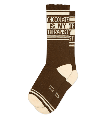 Brown socks with cream accents; text reads "CHOCOLATE IS MY THERAPIST". Cream toe and heel.