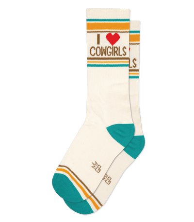 Sock with natural cotton color, "I ♥️ COWGIRLS" text, red heart accent, and teal toe.