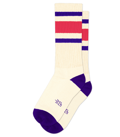 Natural cotton sock with fuschia accent stripes and purple toe, no visible text.