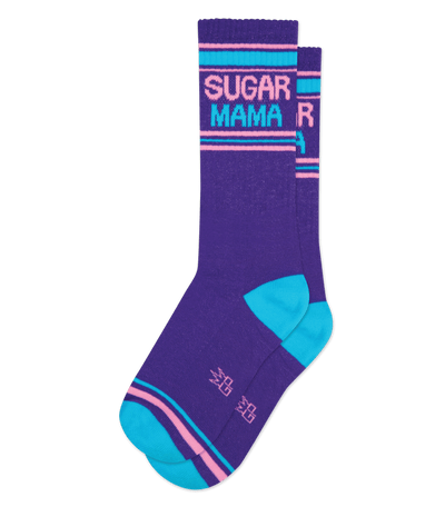 Purple sock with neon blue accents and the words "SUGAR MAMA" in pink and blue near the top.