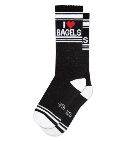 Black sock with "I heart BAGELS" text, red heart, white accents. No background.